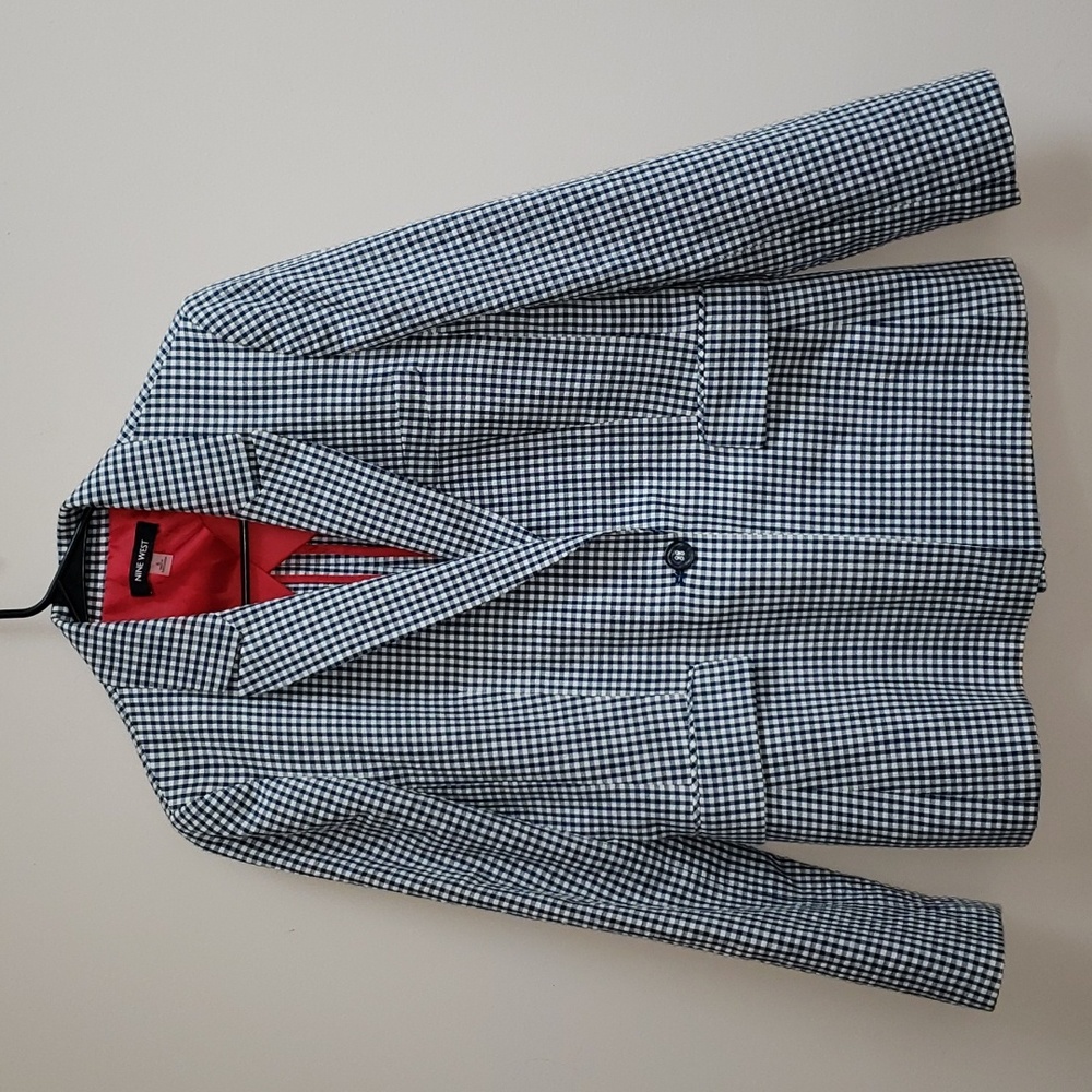 Nine West Blue and White Gingham Lightweight Single Button Blazer, Size 6